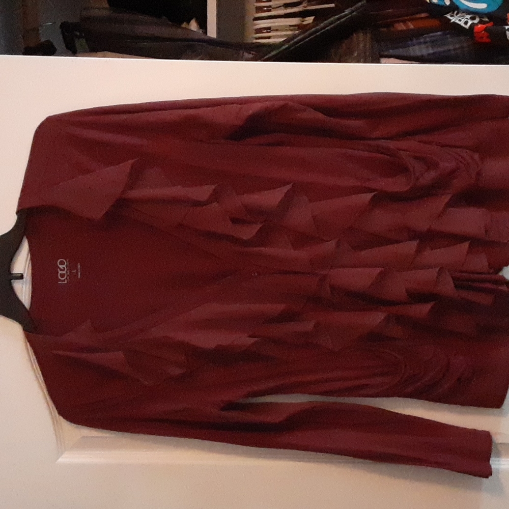 Lori Goldstein long sleeved ruffle cardigan deep wine cor